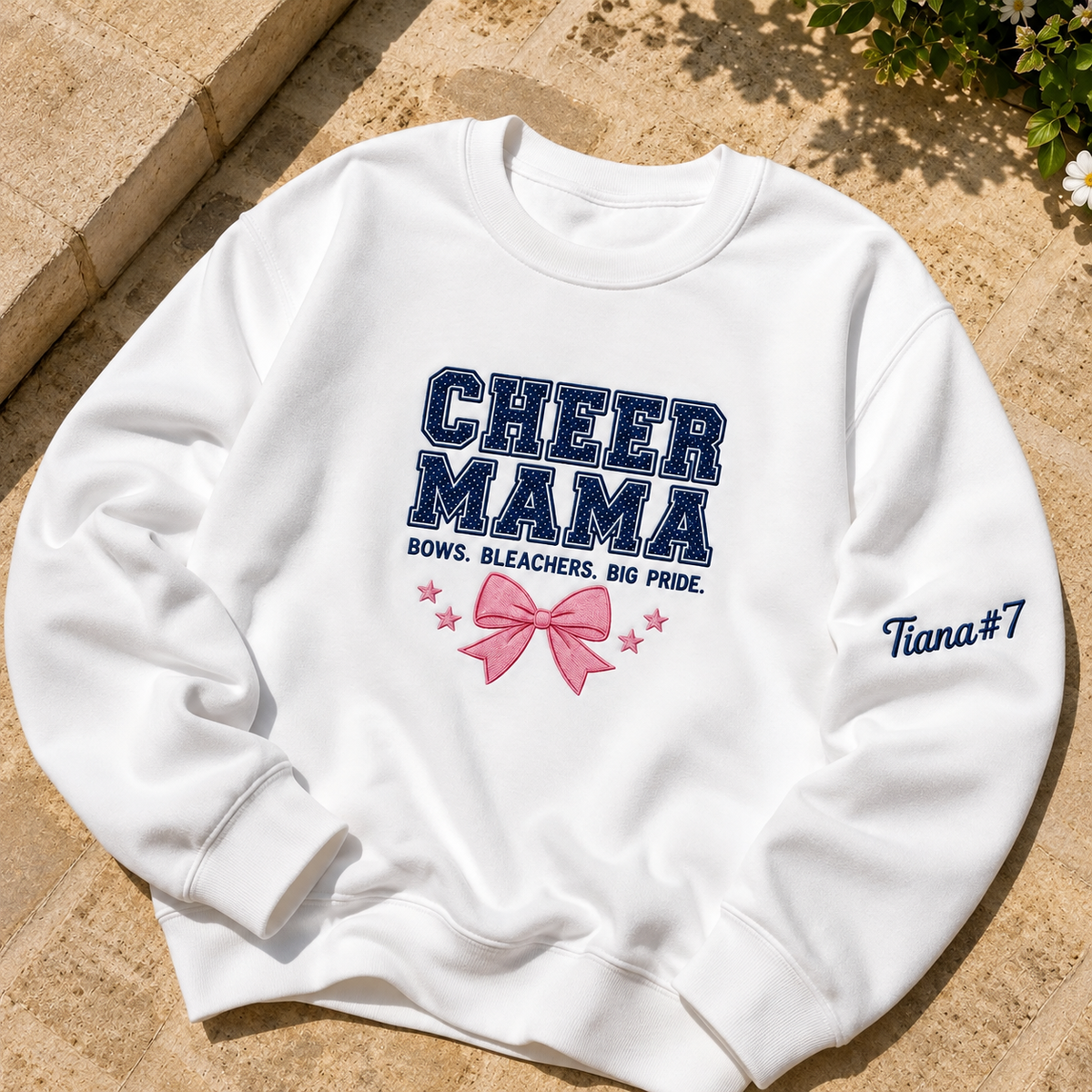 Cheer Mom Competition Sweatshirt, Personalized Cheer Mama Crewneck, Polka Dot Applique Bow Detail, Sleeve Number Gift