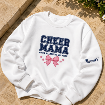 Cheer Mom Competition Sweatshirt, Personalized Cheer Mama Crewneck, Polka Dot Applique Bow Detail, Sleeve Number Gift