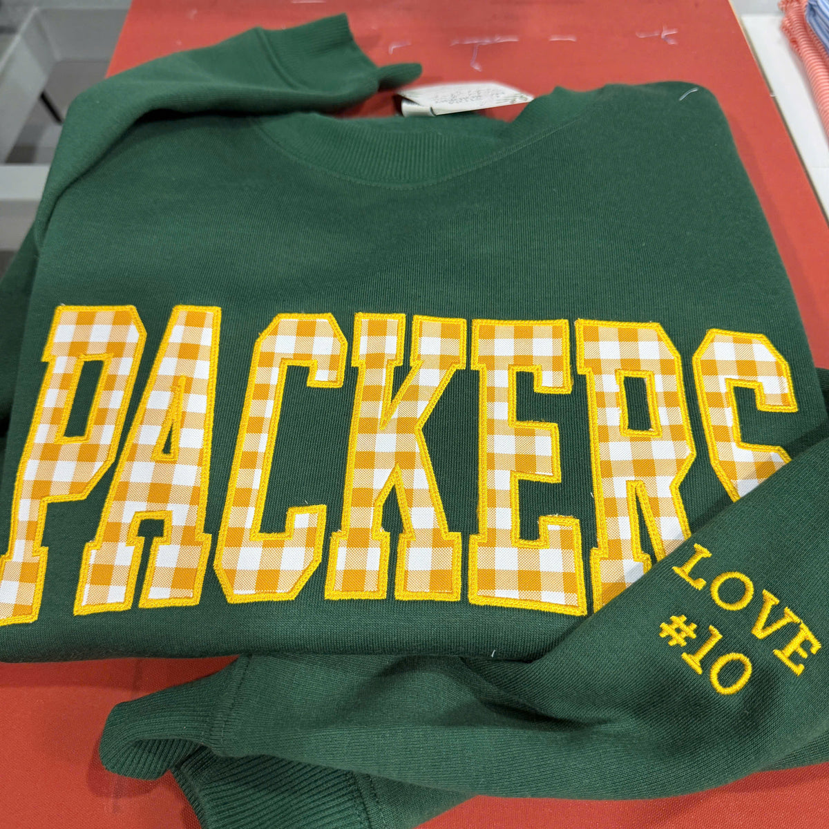 Custom Gingham Appliqué Team Name Sweatshirt – Personalized Game Day Crewneck with Sleeve Name & Number