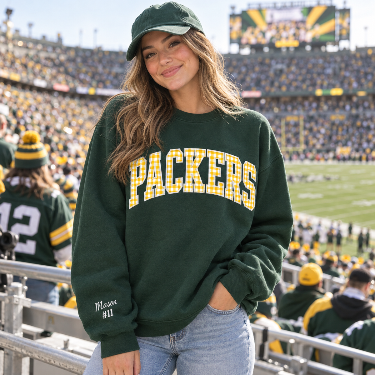 Custom Embroidered Gingham Football Sweatshirt, Collegiate Varsity Game Day Crewneck, Personalized Team Colors, Preppy Tailgate Outfit Gift (