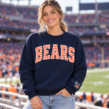 Custom Embroidered Gingham Applique Football Sweatshirt, Preppy Varsity Tailgate Crewneck, Personalized Sleeve Name Number, Sports Fan Gift