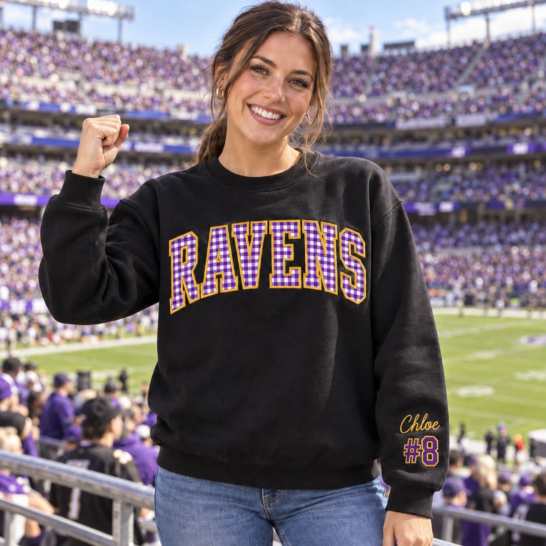 Custom Embroidered Gingham Football Sweatshirt, Matching Game Day Couple Crewneck, Personalized Sleeve Name Number, Collegiate Tailgate Gift