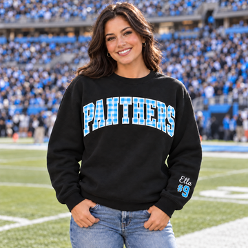 Custom Embroidered Gingham Football Sweatshirt, Personalized Football Girlfriend Crewneck, Sleeve Name Number, Varsity Game Day Gift for Her
