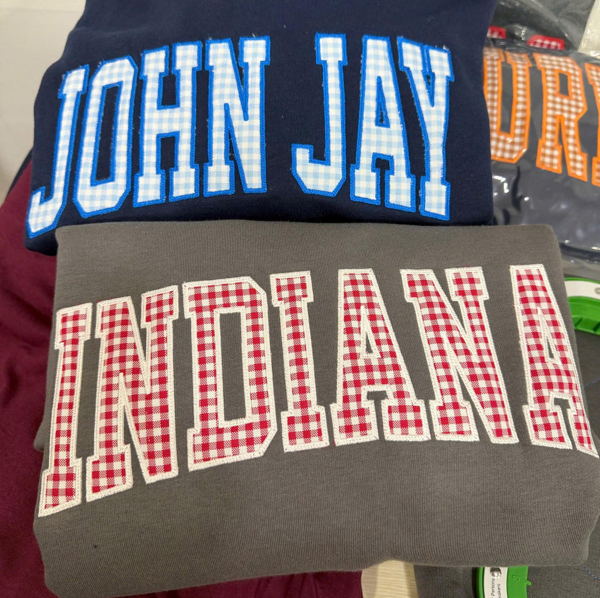 Gingham Applique Sweatshirt, Custom Varsity Embroidered Crewneck, Personalized School Color Campus Pullover, Student Gift