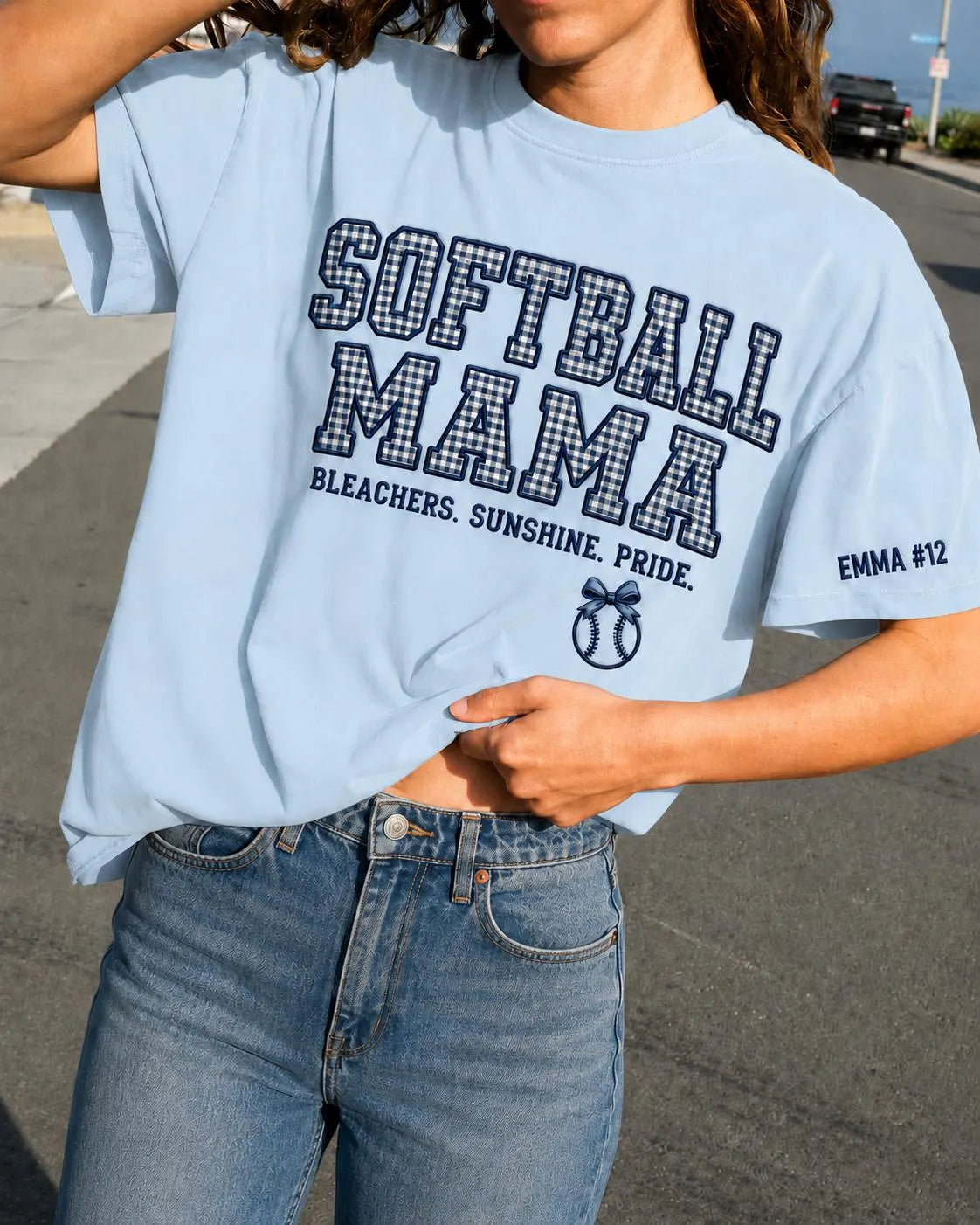Softball Mom Gingham Applique Shirt, Personalized Player Number Tee, Custom Tournament Bleacher Outfit, Team Mama Gift
