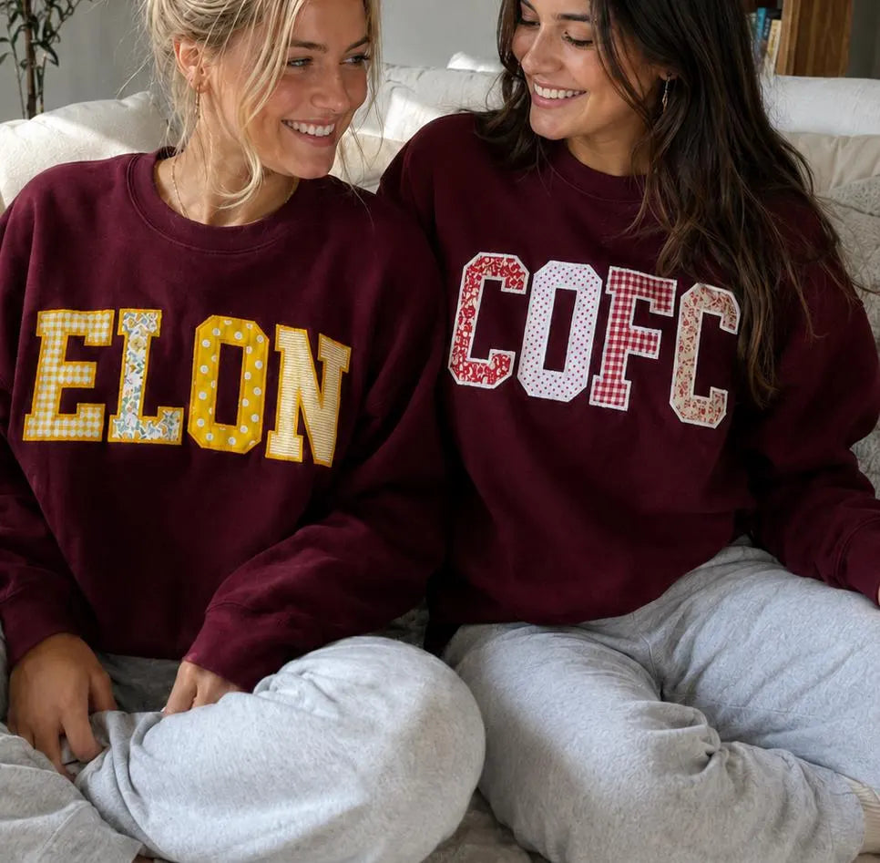Custom Varsity Patchwork Sweatshirt, Personalized College Style Applique Crewneck, Burgundy Embroidered Pullover Gift