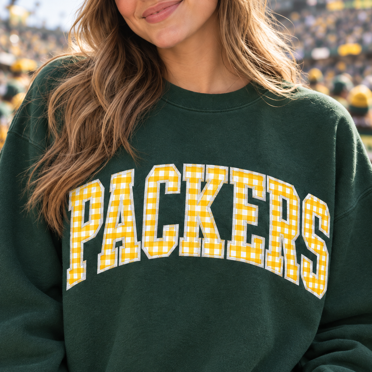 Custom Embroidered Gingham Football Sweatshirt, Collegiate Varsity Game Day Crewneck, Personalized Team Colors, Preppy Tailgate Outfit Gift (