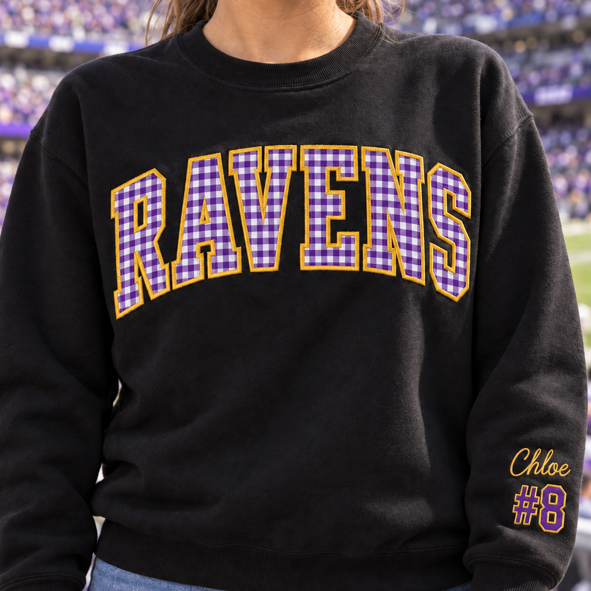 Custom Embroidered Gingham Football Sweatshirt, Matching Game Day Couple Crewneck, Personalized Sleeve Name Number, Collegiate Tailgate Gift