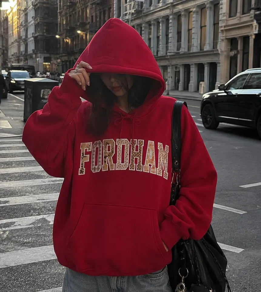 Patchwork Applique Hoodie, Custom Varsity Embroidered Sweatshirt, Personalized School Spirit Pullover, Team Color Student Gift