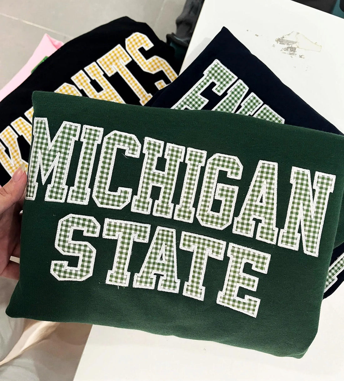Custom Embroidered Gingham Shirt, Personalized School Spirit T-Shirt or Sweatshirt, Varsity Team Name Applique Gift