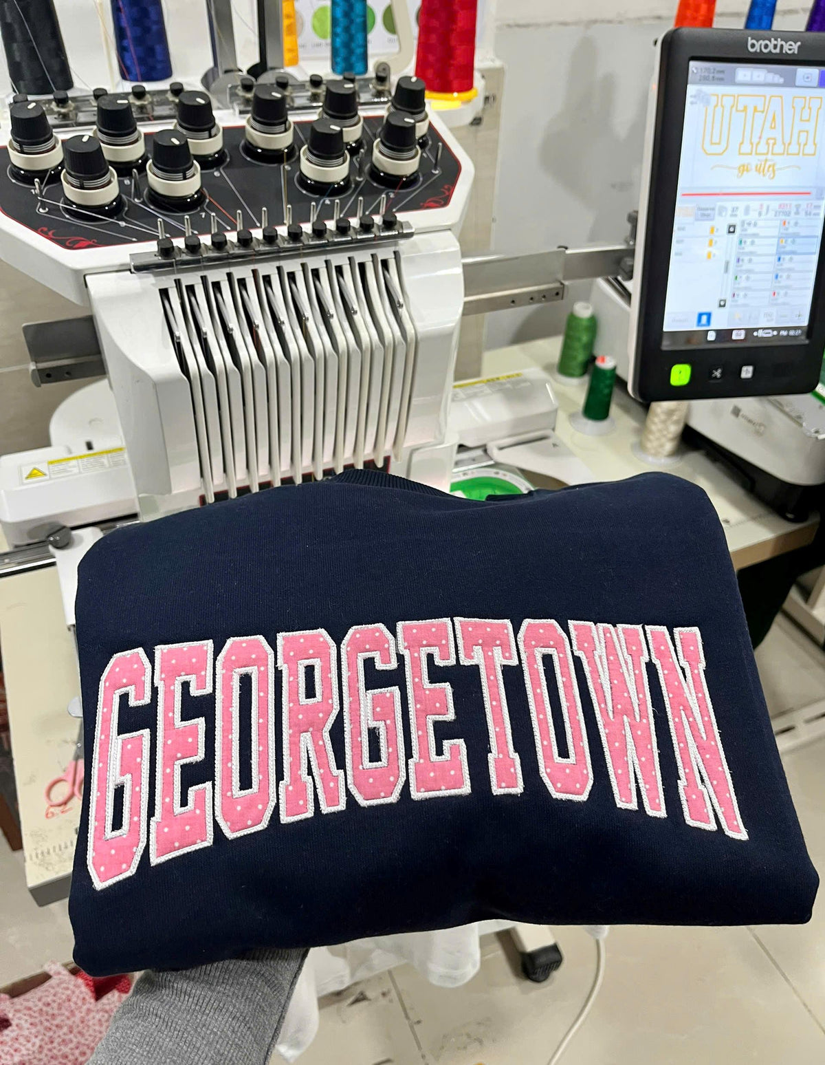 Preppy College Sweatshirt, Custom Place Name Crewneck, Polka Dot Applique Varsity Pullover, Campus Outfit Move In Gift
