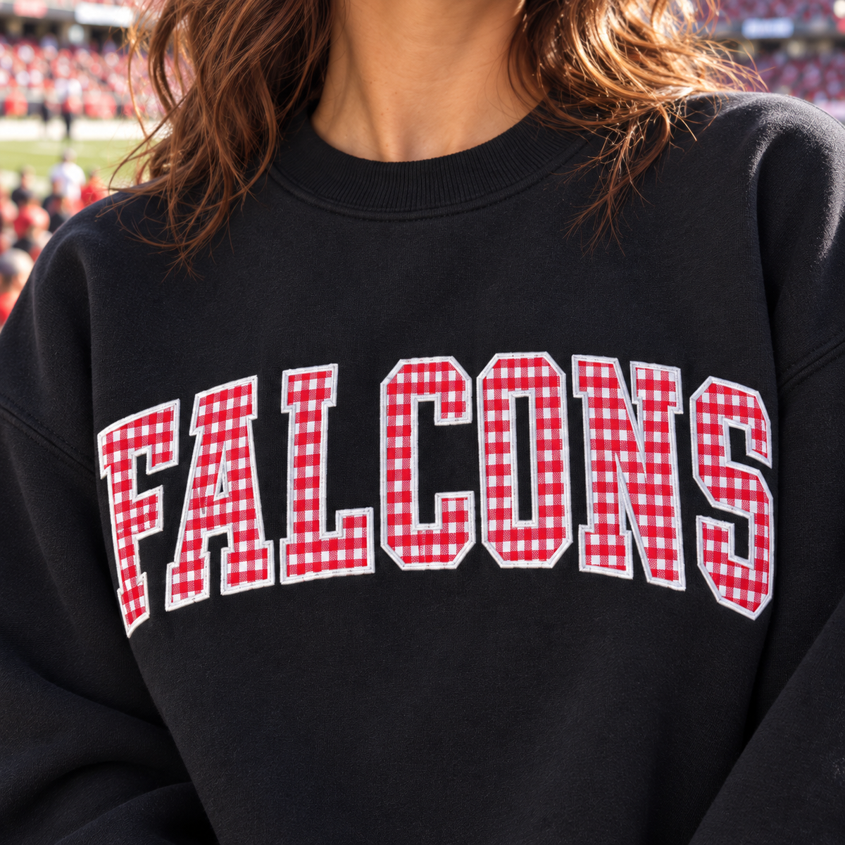 Custom Embroidered Gingham Football Sweatshirt, Matching Game Day Couple Crewneck, Personalized Sleeve Name Number, Collegiate Tailgate Gift