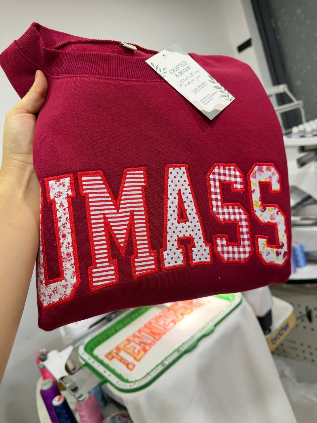 Custom Patchwork Applique Sweatshirt, Personalized Varsity Crewneck, Red White Embroidered College Style Gift