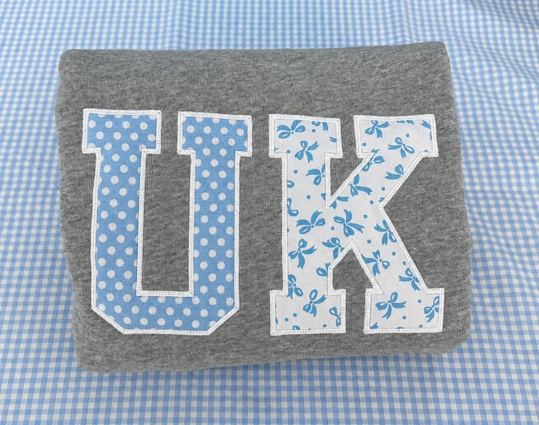 Custom Blue Applique Sweatshirt, Personalized Varsity Embroidered Crewneck, Grey Patchwork Pullover, Student Gift for Her