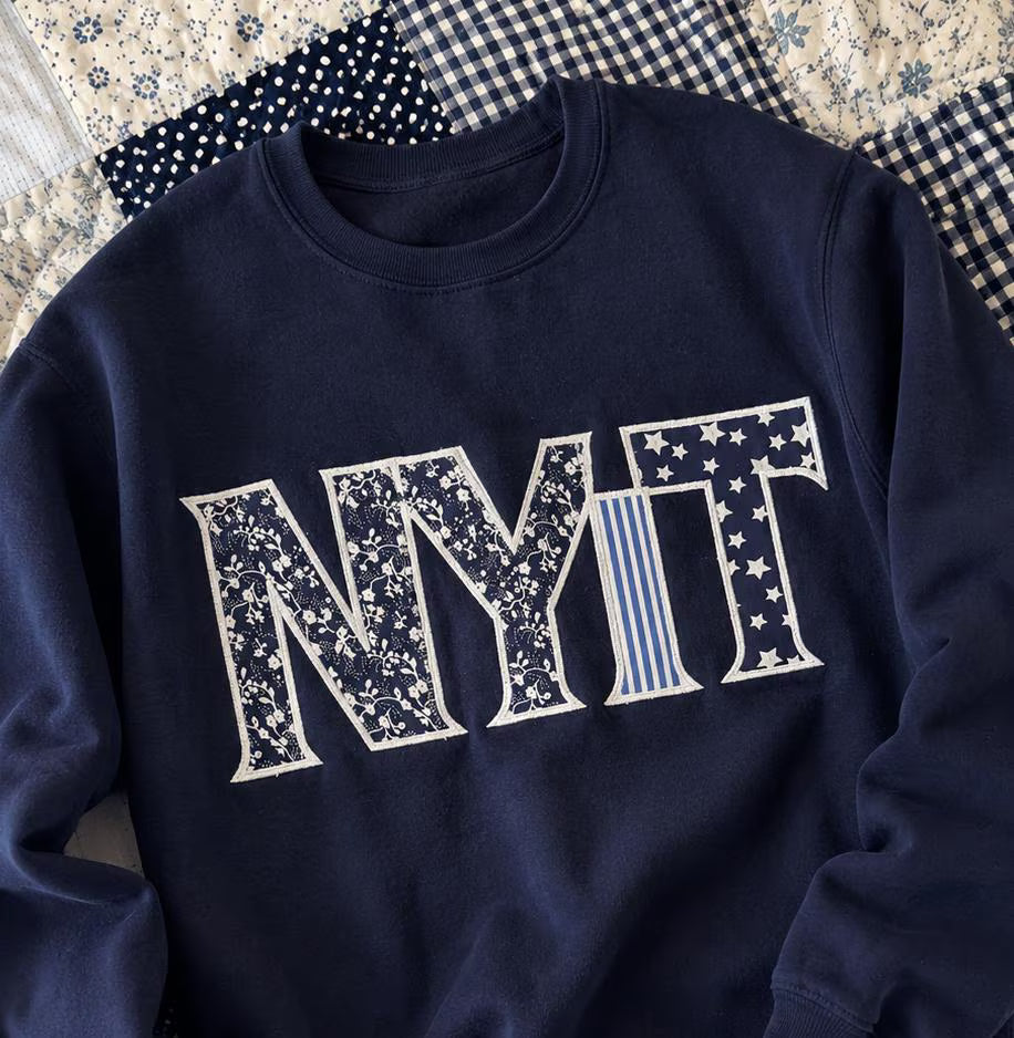 Custom Varsity Patchwork Sweatshirt, Personalized Applique Embroidered Crewneck, Navy College Style Campus Gift Pullover