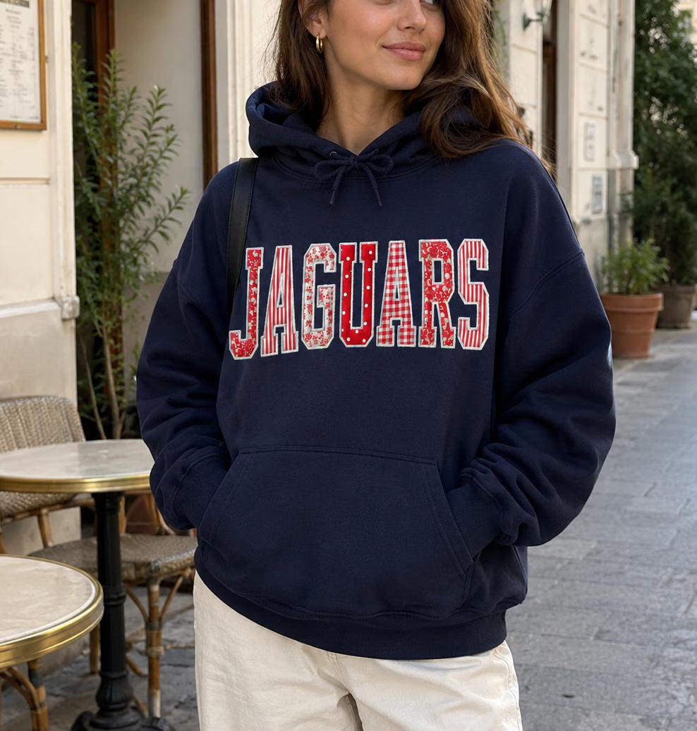 Custom Varsity Patchwork Hoodie, Personalized Applique Embroidered Sweatshirt, Navy Team Spirit Pullover, Group Gift