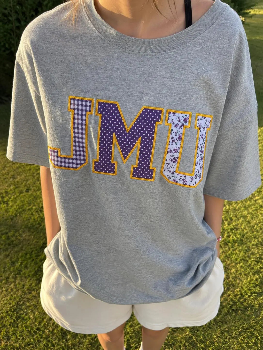 Custom Varsity Patchwork T Shirt, Personalized Applique Embroidered Tee, Purple College Style Top, Campus Gift Shirt for Her
