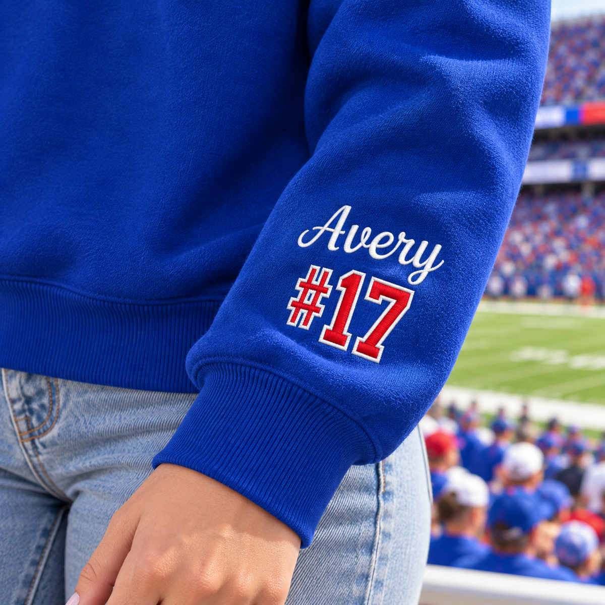 Custom Embroidered Gingham Applique Football Mom Sweatshirt, Player Number Sleeve, Varsity Game Day Crewneck, Sports Mom Gift for Her