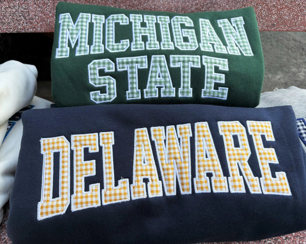 Custom Gingham Applique Sweatshirt, Personalized Varsity Embroidered Crewneck, School Color Pullover, Student Gift