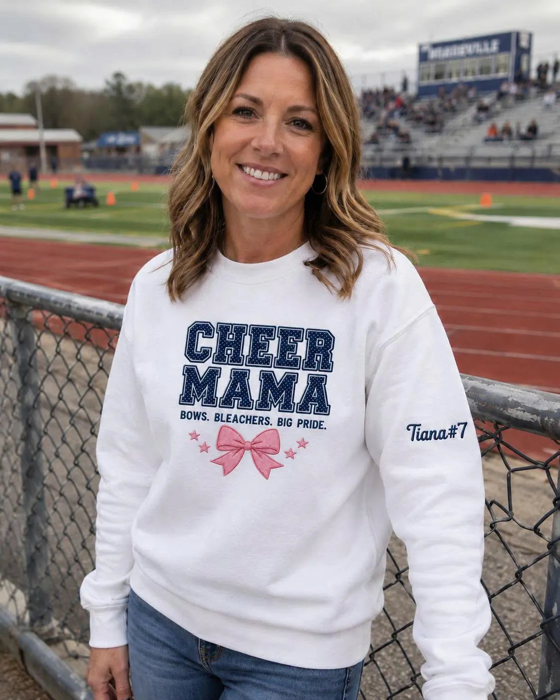Cheer Mom Competition Sweatshirt, Personalized Cheer Mama Crewneck, Polka Dot Applique Bow Detail, Sleeve Number Gift