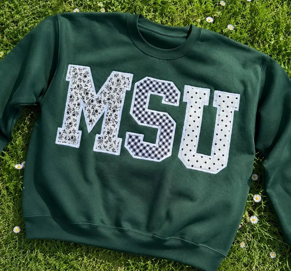 Personalized Varsity Patchwork Sweatshirt, Custom Applique Embroidered Crewneck, Green College Style Gift Pullover