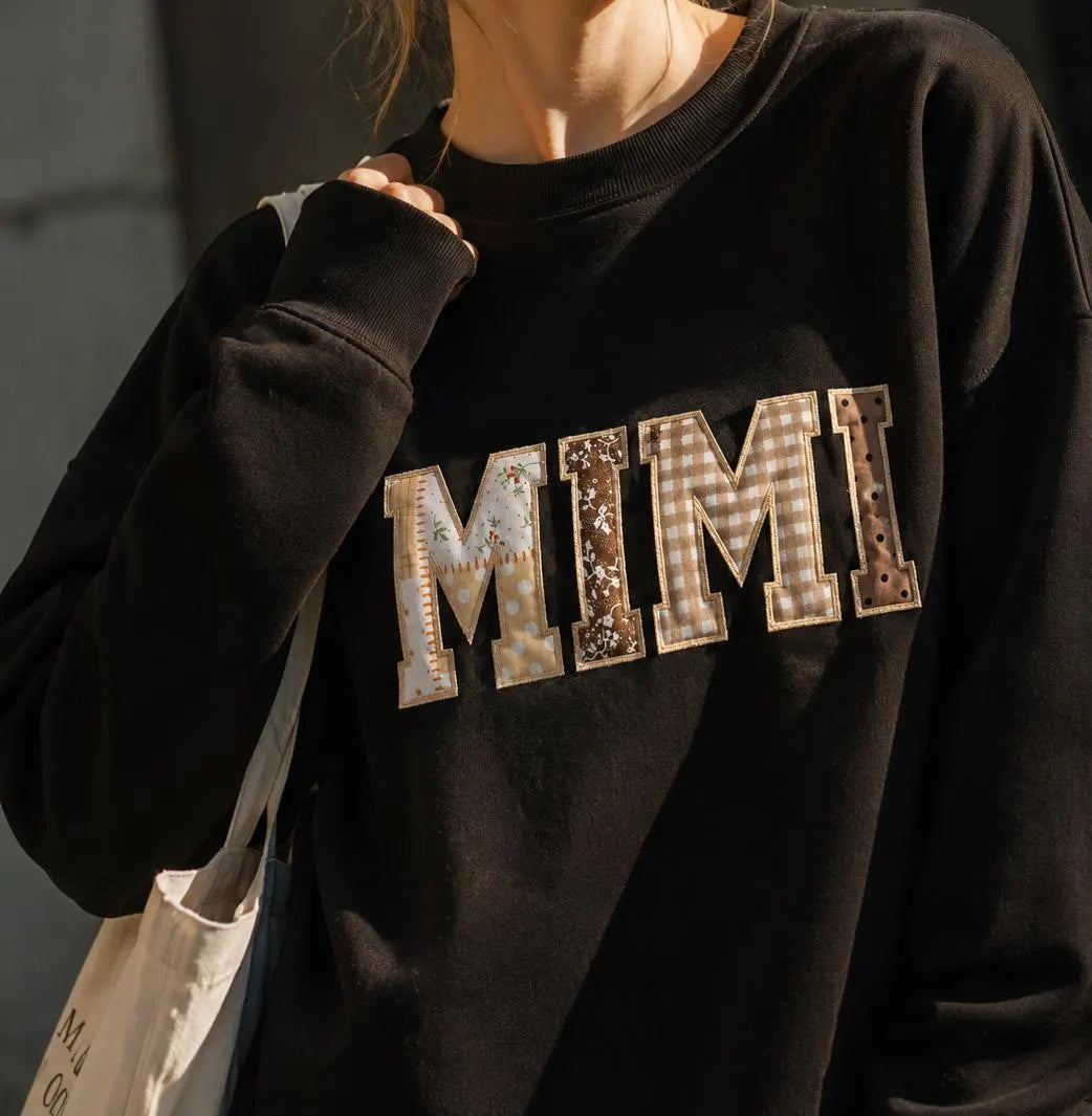 Neutral Patchwork Name Sweatshirt, Custom Nickname Applique Crewneck, Personalized Floral Gingham Pullover, Gift for Her