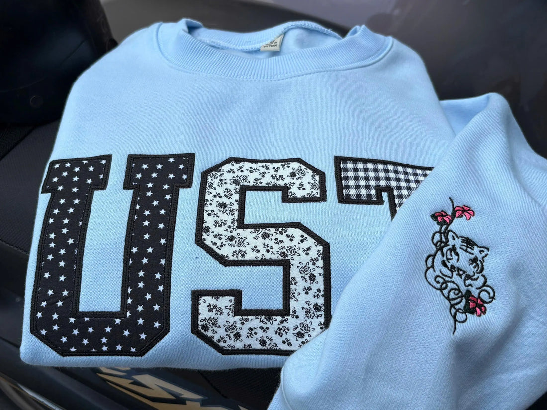 Varsity Letter Sweatshirt, Custom Initials Crewneck, Patchwork Applique Letterman Pullover, Sleeve Embroidery Gift