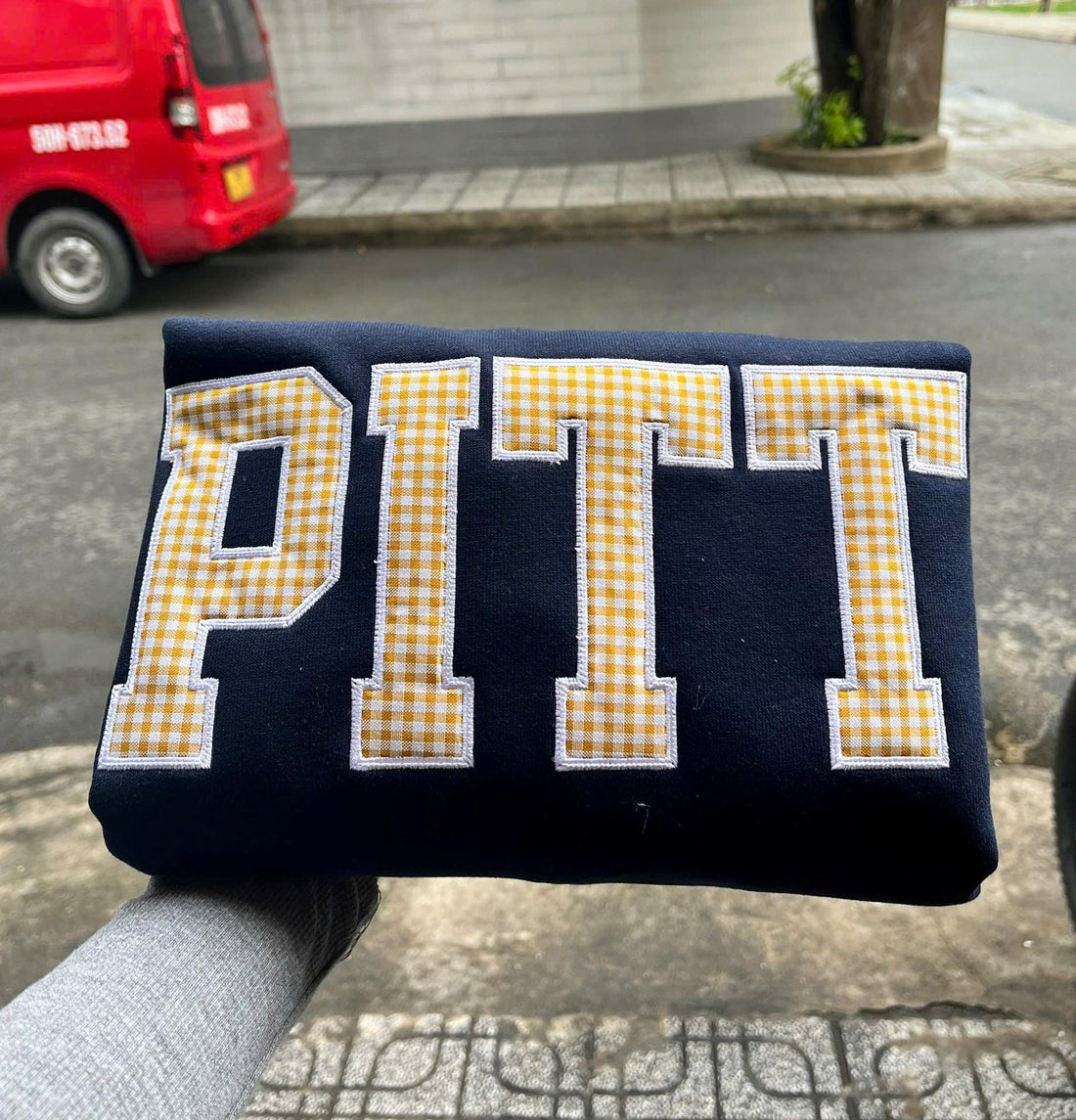 Custom College Town Sweatshirt, Personalized Gingham Applique Crewneck, University Style Place Name Pullover, Dorm Move In Gift