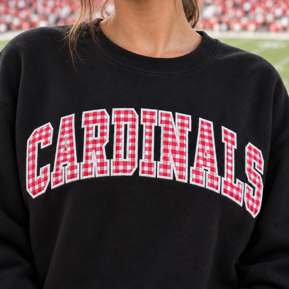 Custom Embroidered Gingham Applique Team Sweatshirt with Sleeve Name & Number, Varsity Game Day Crewneck, Football Mom Gift, Girlfriend Gift