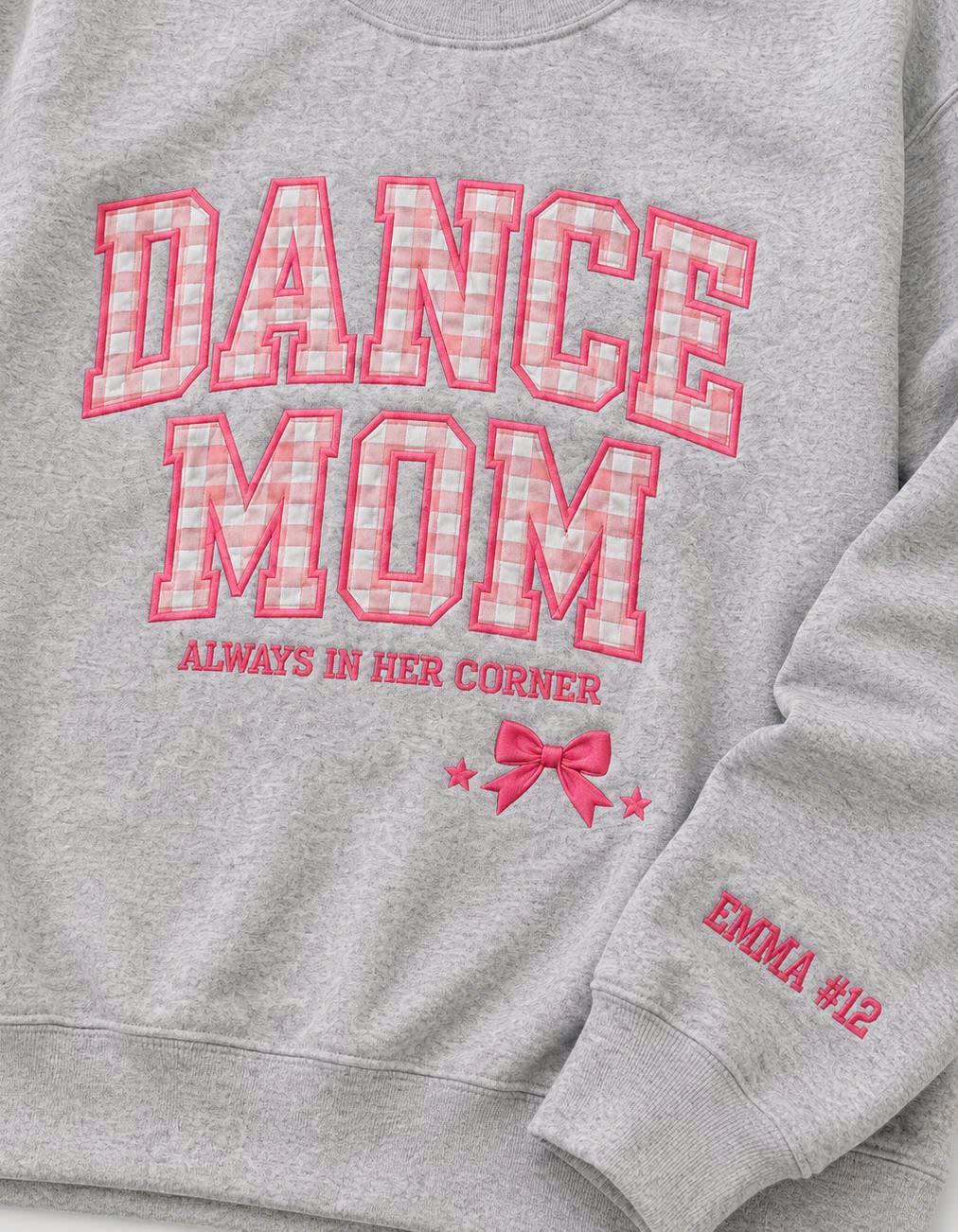 Personalized Dance Mom Gingham Applique Sweatshirt, Custom Competition Day Crewneck, Sleeve Name Pullover Gift