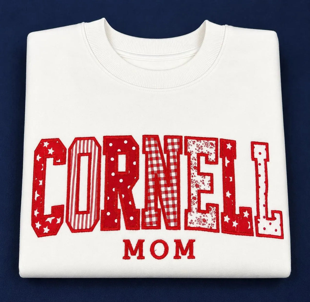 Patchwork College Mom Sweatshirt, Custom Parent Crewneck, Mixed Fabric Applique Pullover, Senior Graduation Gift