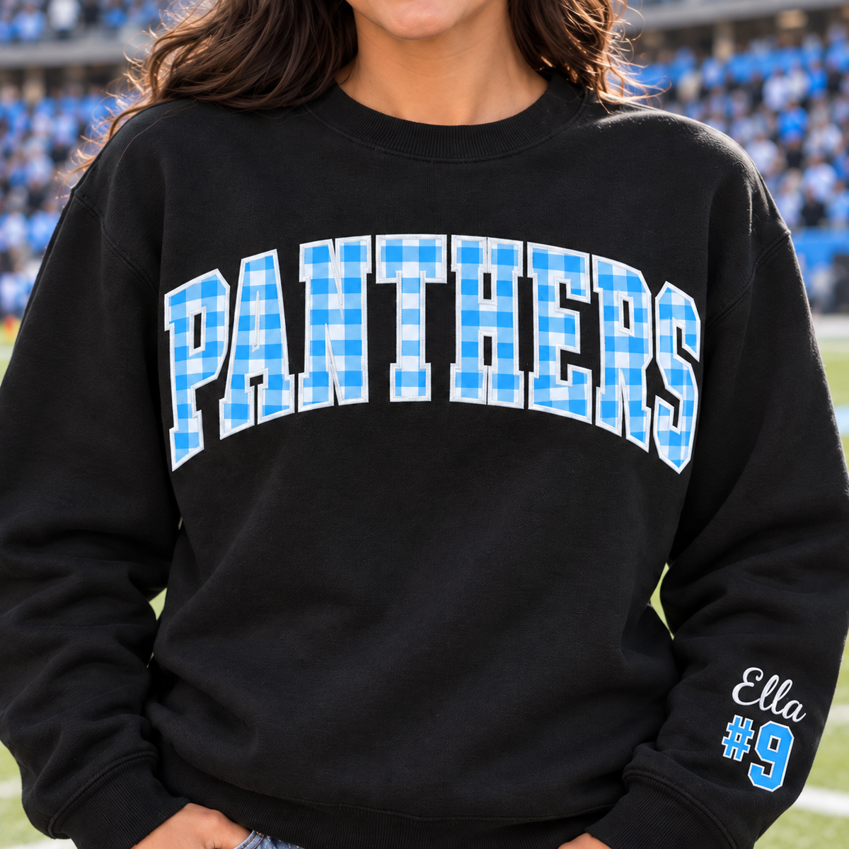 Custom Embroidered Gingham Football Sweatshirt, Personalized Football Girlfriend Crewneck, Sleeve Name Number, Varsity Game Day Gift for Her