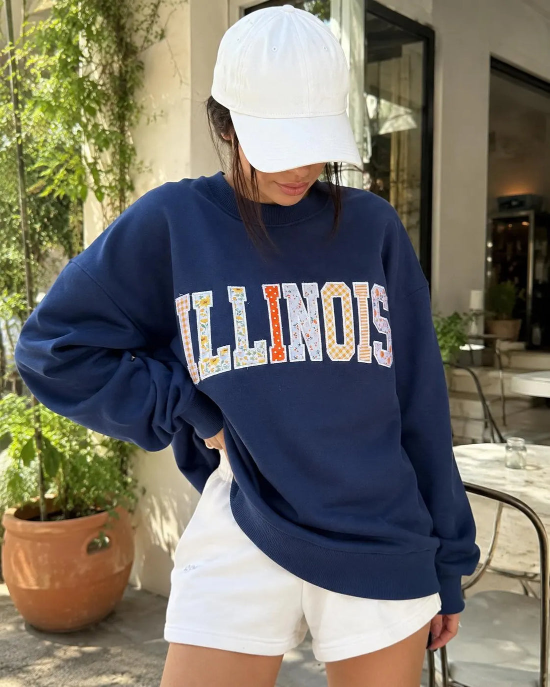 Custom Varsity Patchwork Sweatshirt, Personalized Applique Embroidered Crewneck, Navy Orange College Style Gift Pullover