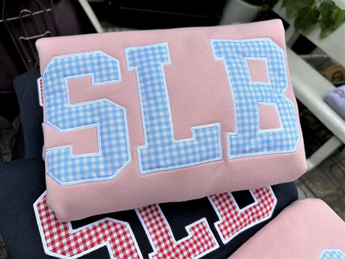 Gingham Initial Sweatshirt, Custom Monogram Crewneck, Personalized Varsity Letter Pullover, Sorority Style Dorm Gift
