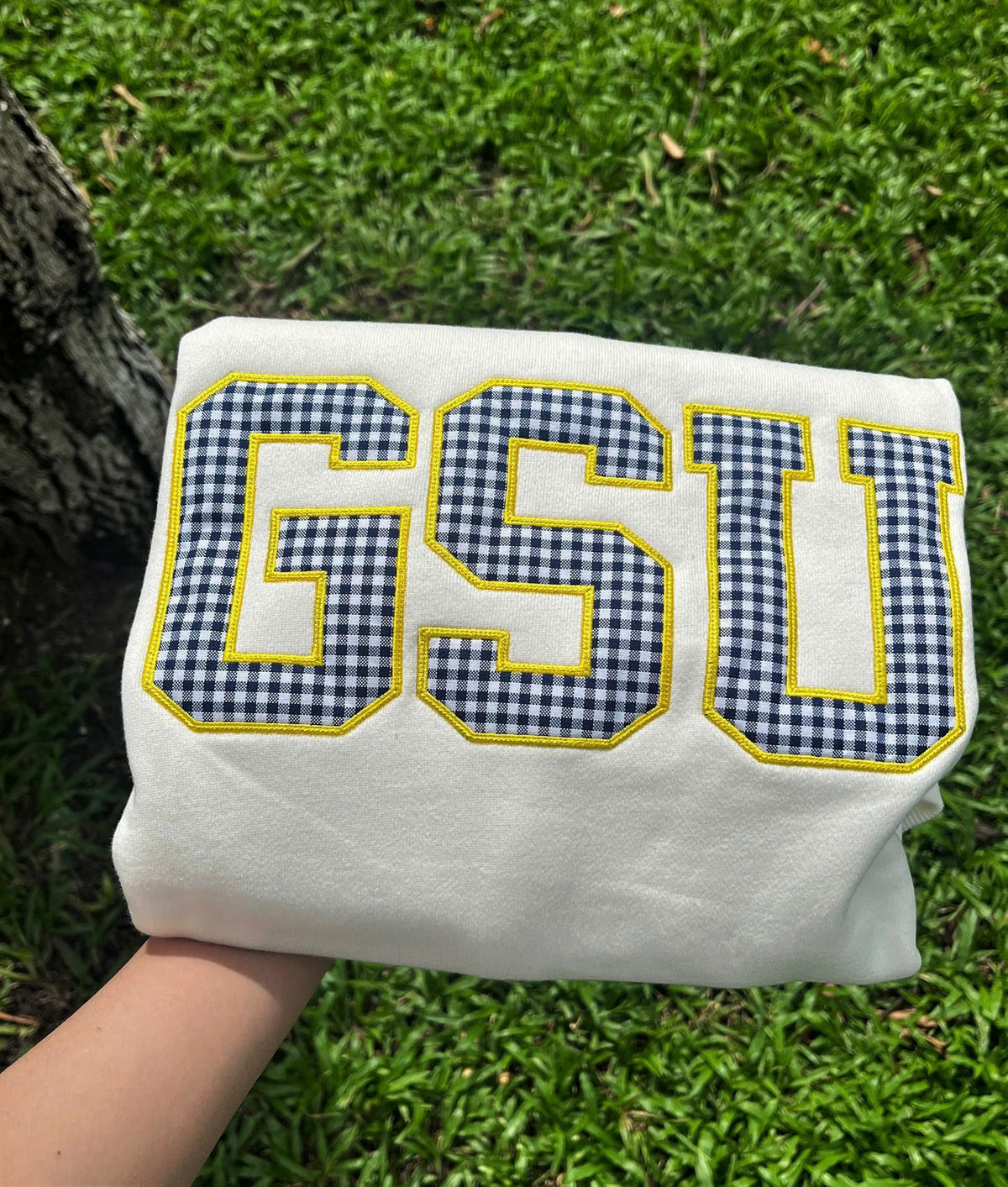 Personalized Gingham Letter Sweatshirt, Custom School Color Crewneck, Preppy Varsity Applique Pullover, Campus Gift