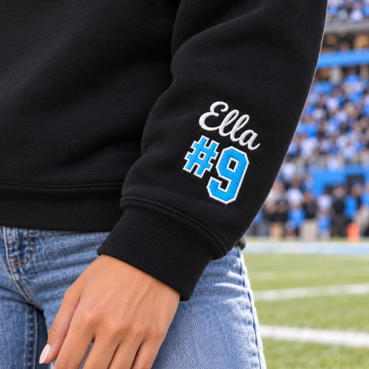 Custom Embroidered Gingham Football Sweatshirt, Personalized Football Girlfriend Crewneck, Sleeve Name Number, Varsity Game Day Gift for Her