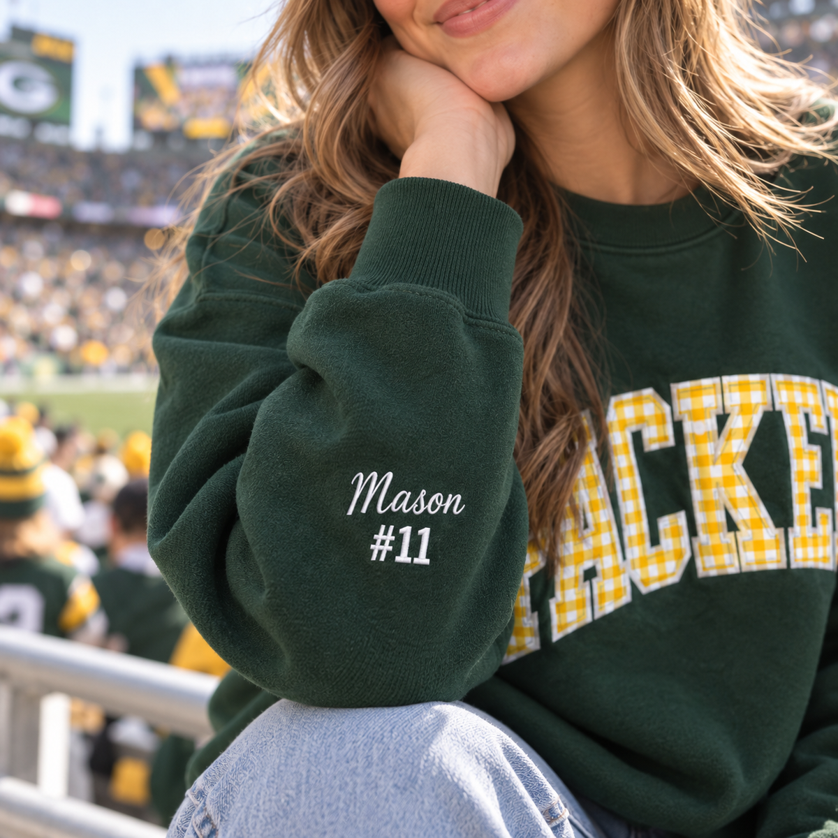 Custom Embroidered Gingham Football Sweatshirt, Collegiate Varsity Game Day Crewneck, Personalized Team Colors, Preppy Tailgate Outfit Gift (