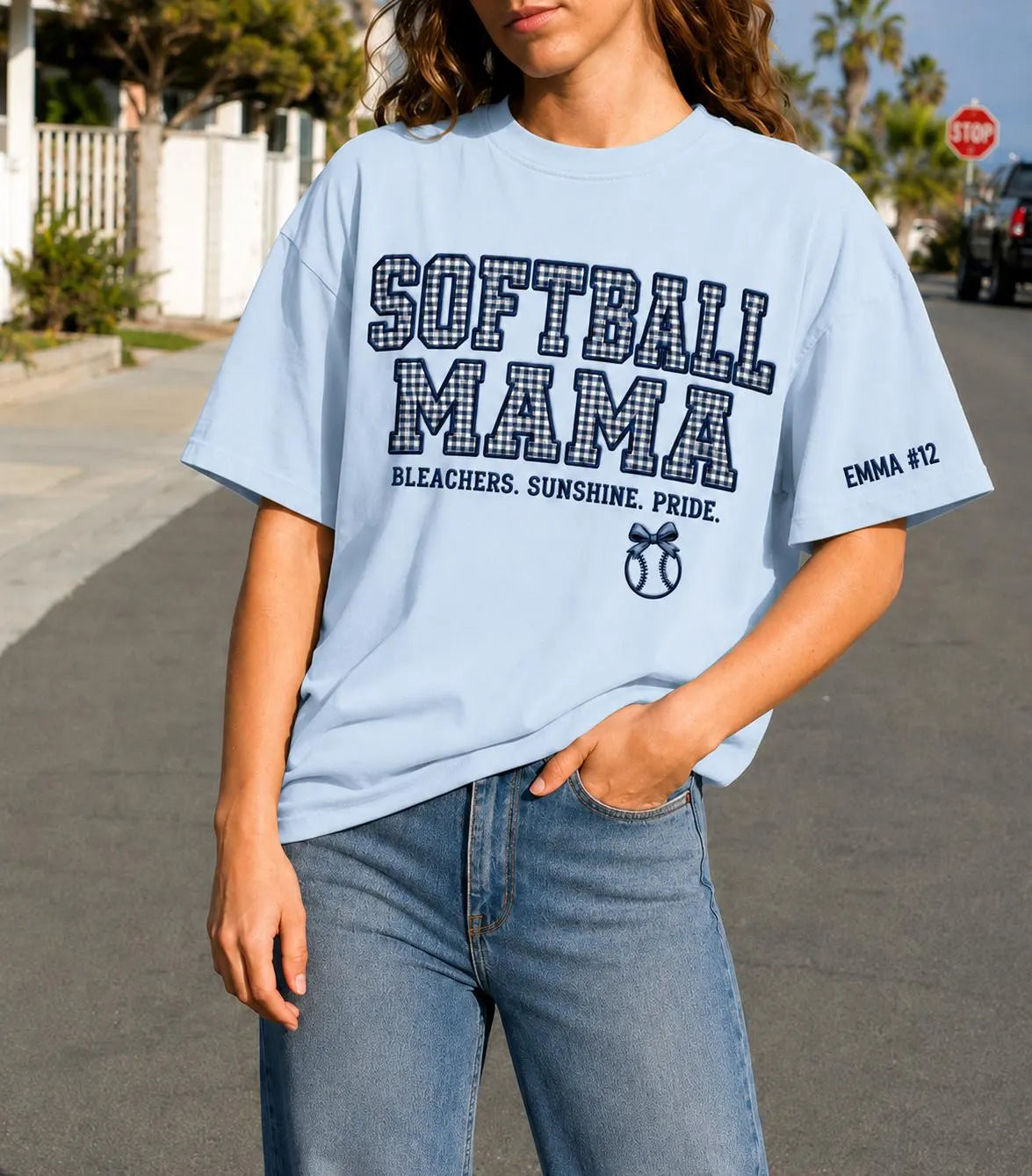 Softball Mom Gingham Applique Shirt, Personalized Player Number Tee, Custom Tournament Bleacher Outfit, Team Mama Gift
