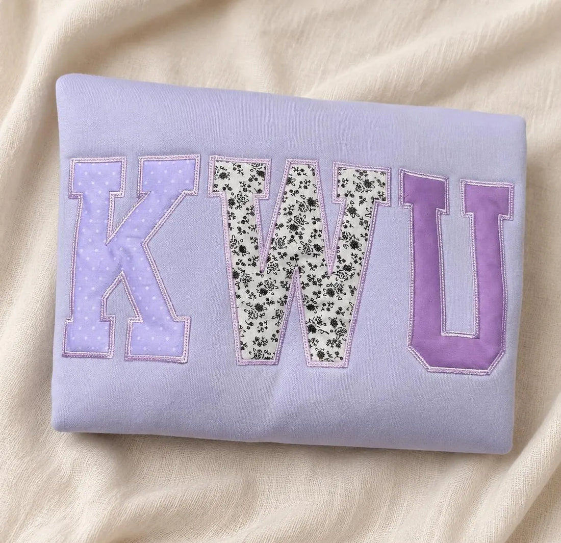 Personalized Lavender Patchwork Applique Crewneck, Custom Floral Varsity Embroidered Sweatshirt, Campus Style Student Gift