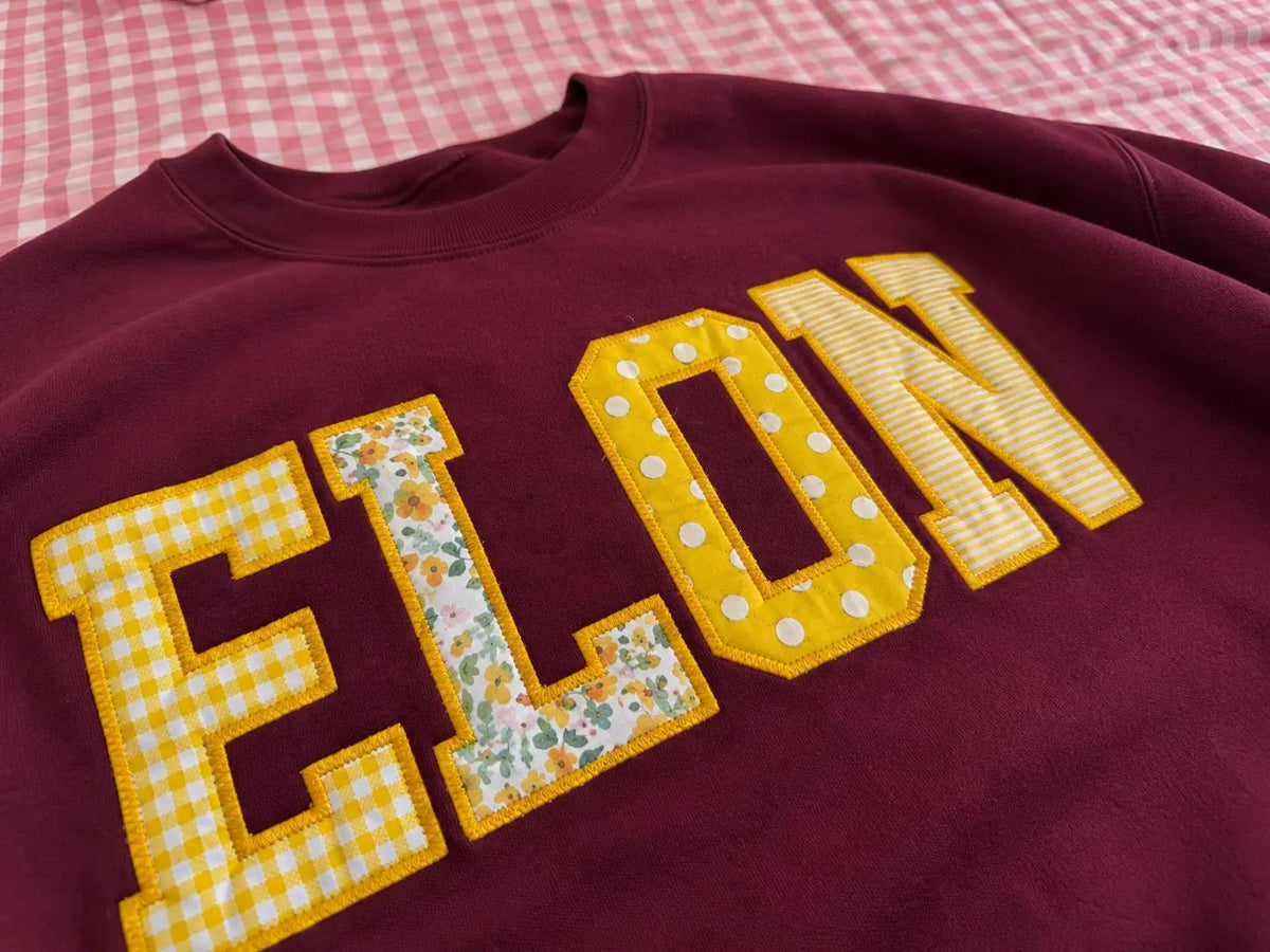 Custom Varsity Patchwork Sweatshirt, Personalized College Style Applique Crewneck, Burgundy Embroidered Pullover Gift