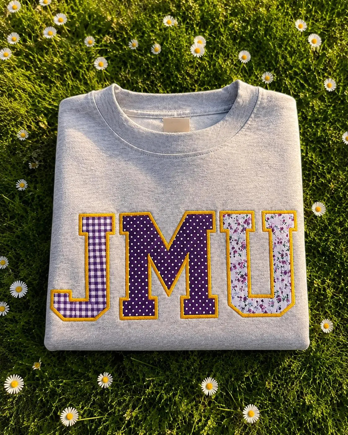 Custom Varsity Patchwork T Shirt, Personalized Applique Embroidered Tee, Purple College Style Top, Campus Gift Shirt for Her