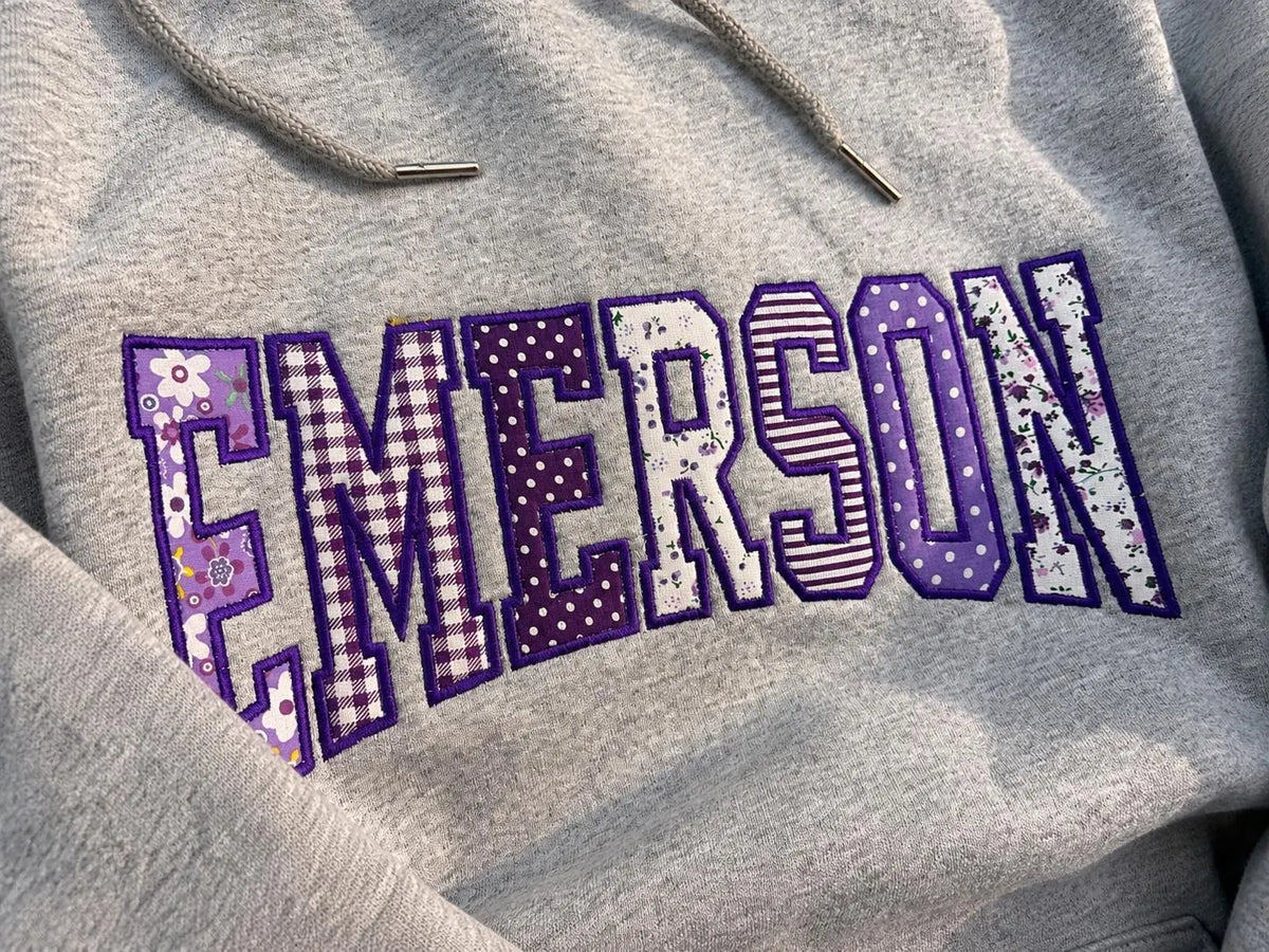 Custom Varsity Patchwork Hoodie, Personalized Applique Embroidered Sweatshirt, Purple College Style Pullover, Campus Gift Hoodie