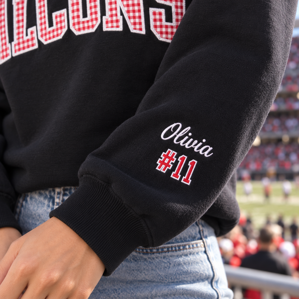 Custom Embroidered Gingham Football Sweatshirt, Matching Game Day Couple Crewneck, Personalized Sleeve Name Number, Collegiate Tailgate Gift