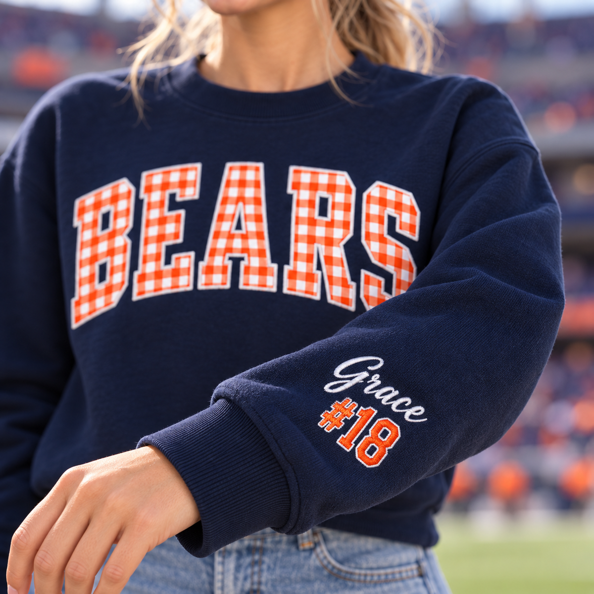 Custom Embroidered Gingham Applique Football Sweatshirt, Preppy Varsity Tailgate Crewneck, Personalized Sleeve Name Number, Sports Fan Gift