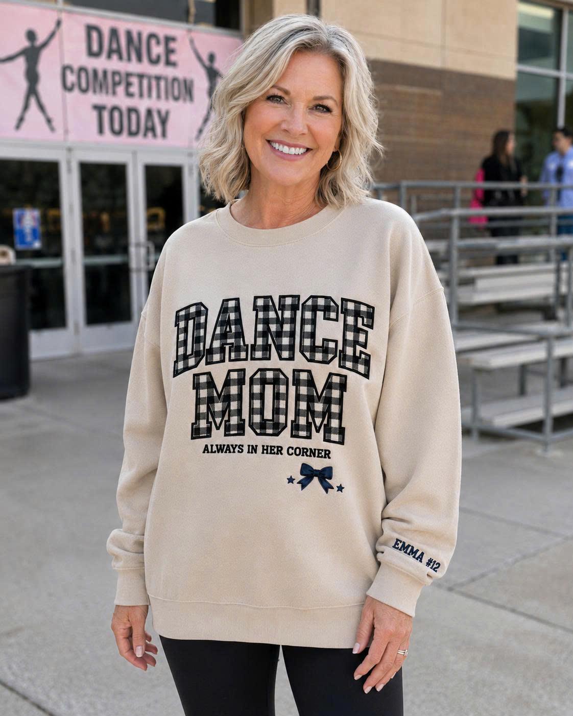 Personalized Dance Mom Gingham Applique Sweatshirt, Custom Competition Day Crewneck, Sleeve Name Pullover Gift