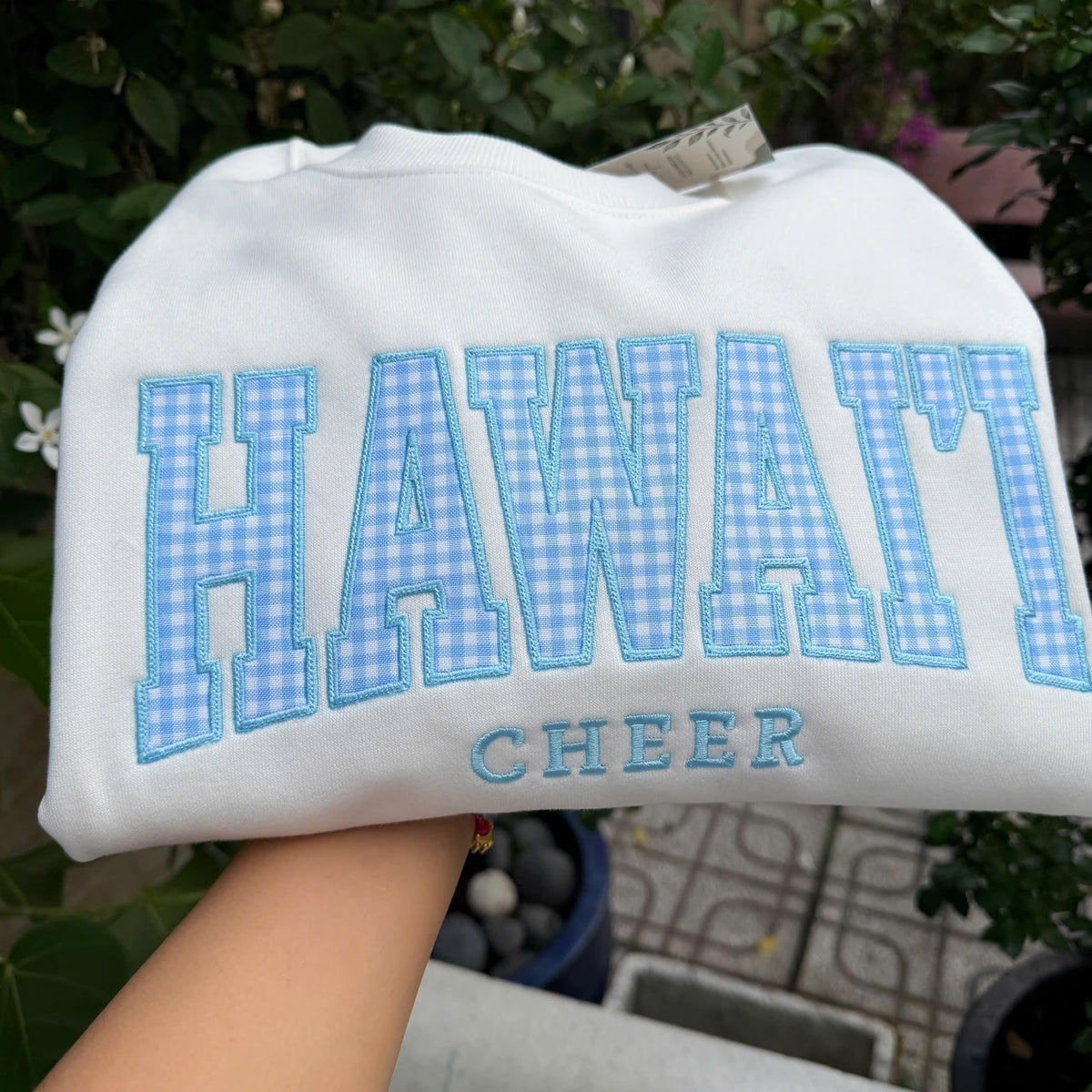Gingham Applique Sweatshirt, Custom Varsity Embroidered Crewneck, Personalized School Color Campus Pullover, Student Gift