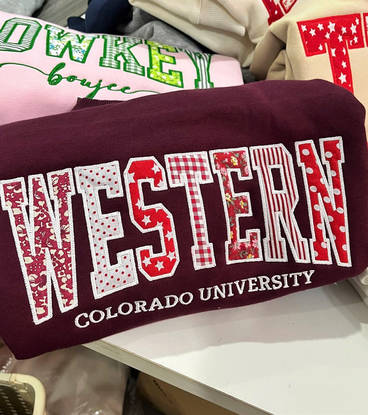Patchwork Applique School Color Sweatshirt, Embroidered Varsity Letter Crewneck, Personalized College Style Student Gift
