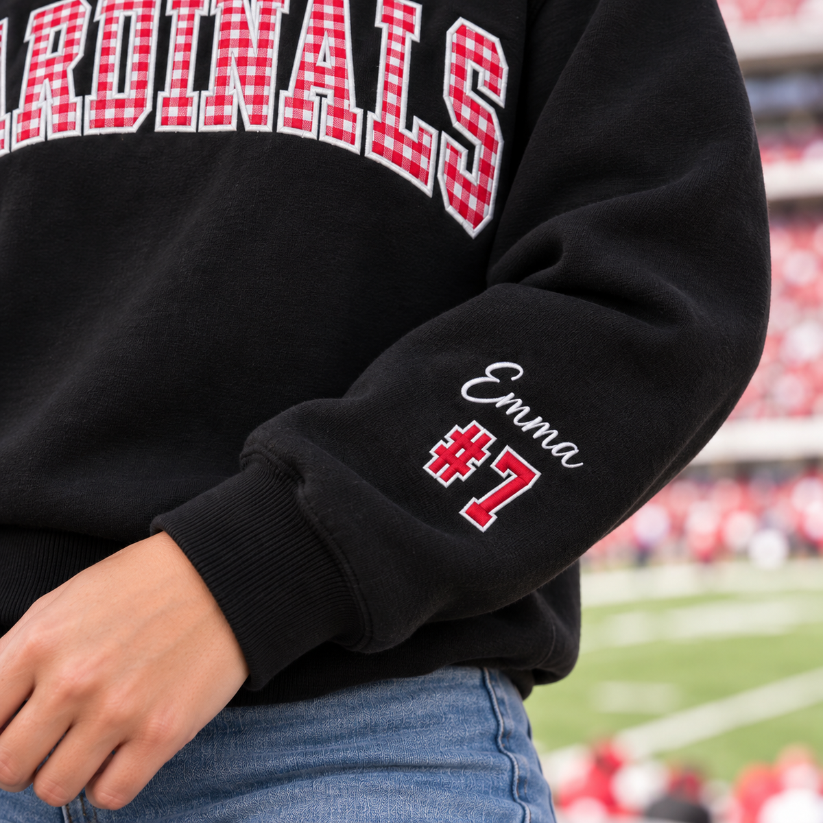 Custom Embroidered Gingham Applique Team Sweatshirt with Sleeve Name & Number, Varsity Game Day Crewneck, Football Mom Gift, Girlfriend Gift