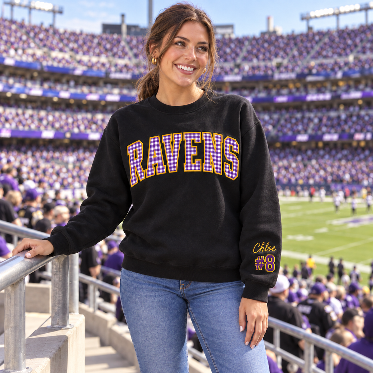 Custom Embroidered Gingham Football Sweatshirt, Matching Game Day Couple Crewneck, Personalized Sleeve Name Number, Collegiate Tailgate Gift