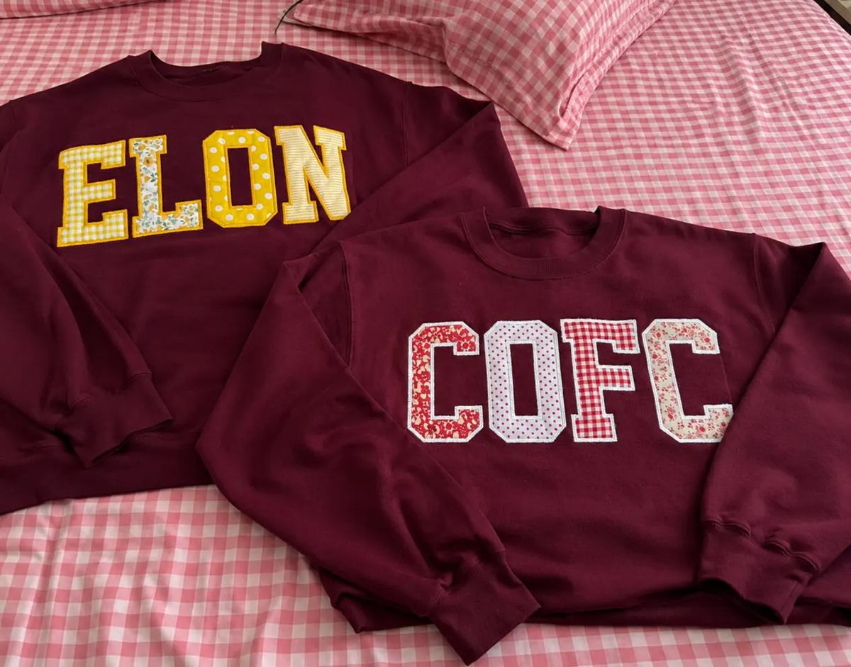 Custom Varsity Patchwork Sweatshirt, Personalized College Style Applique Crewneck, Burgundy Embroidered Pullover Gift